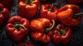 Fresh peppers with water drops on dark background, top view. AI Generative