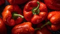 Fresh peppers with water drops on dark background, top view. AI Generative