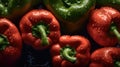 Fresh peppers with water drops on nature background, Top view