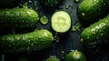 Fresh perfect cucumbers, whole and pieces with water drops on a cutting board in top view. High detail aerial