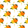 Fresh persimmon with green leaves and juicy splashes. Fruit seamless pattern