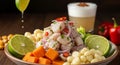 Fresh Peruvian Ceviche with Lime Squeeze and Pisco Sour Royalty Free Stock Photo