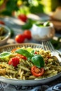 Fresh Pesto Pasta Salad With Cherry Tomatoes and Basil in Natural Daylight Royalty Free Stock Photo