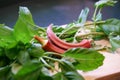 Fresh picked home grown organic okra and herbs. Healthy eating and organic gardening concept