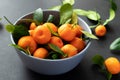 Fresh picked mandarins with leaves on plate on black background. Royalty Free Stock Photo