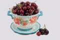 Fresh picked red ripe cherries close-up in a colander Royalty Free Stock Photo