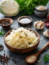 Fresh pickled sauerkraut cabbage with ingredients in bowl