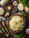 Fresh pickled sauerkraut cabbage with ingredients in bowl