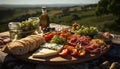 Fresh picnic meal bread, fruit, meat, wine, gourmet, healthy generated by AI