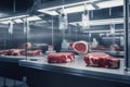 Fresh pieces of artificial beef lying in transparent containers with bright illumination