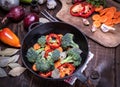 Fresh pieces of broccoli, carrots and red peppers Royalty Free Stock Photo