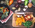 Fresh pieces of broccoli, carrots and red peppers Royalty Free Stock Photo