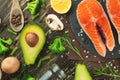 Fresh pieces of salmon steak, trout, salmon, pink salmon. With ingredients vegetables, avocado, rosemary and broccoli. Healthy and Royalty Free Stock Photo