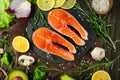 Fresh pieces of steak salmon, trout, salmon, pink salmon. With ingredients. Healthy and clean food. Diet and veganism, background Royalty Free Stock Photo