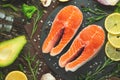 Fresh pieces of steak salmon, trout, salmon, pink salmon. With ingredients. Healthy and clean food. Diet and veganism, background Royalty Free Stock Photo