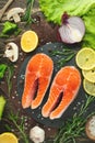 Fresh pieces of steak salmon, trout, salmon, pink salmon. With ingredients. Healthy and clean food. Diet and veganism, background Royalty Free Stock Photo