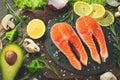 Fresh pieces of steak salmon, trout, salmon, pink salmon. With ingredients. Healthy and clean food. Diet and veganism, background Royalty Free Stock Photo