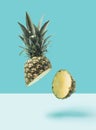 Fresh pineapple cut in half in the air on pastel blue background. Royalty Free Stock Photo