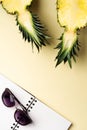 Fresh pineapple cut in two part, notebook or sketchbook and sunglasses on yellow background. Summer concept. Royalty Free Stock Photo