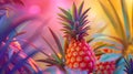 Fresh pineapple display against a vibrant backdrop, showcasing tropical fruit with flair , super detailed