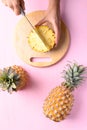 Fresh pineapple fruit cutting on wooden board, Tropical fruit Royalty Free Stock Photo
