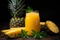 Fresh pineapple juice in a glass with pineapple chunks and pulp