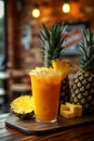 Fresh pineapple juice and pineapple slices on wooden table Royalty Free Stock Photo