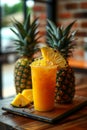 Fresh pineapple juice and pineapple slices on wooden table Royalty Free Stock Photo
