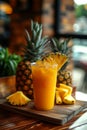 Fresh pineapple juice and pineapple slices on wooden table Royalty Free Stock Photo