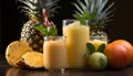 Fresh pineapple slice on a wooden table, a tropical delight generated by AI Royalty Free Stock Photo