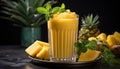 Fresh pineapple slice on wooden table, tropical drink in glass generated by AI Royalty Free Stock Photo