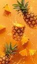 Fresh pineapple slices leap into the air against a vivid orange backdrop, creating a dynamic splash effect and emphasizing Royalty Free Stock Photo