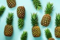 Fresh pineapples on blue background. Top View. Pop art design, creative concept. Copy Space. Bright pineapple pattern Royalty Free Stock Photo