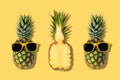 Fresh pineapples with sunglasses on yellow background. Creative suumer concept