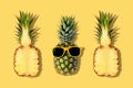 Fresh pineapples with sunglasses on yellow background. Creative suumer concept