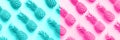 Fresh pineapples on trendy neon pink and blue color background. Top View. Pop art design, creative concept. Copy Space. Bright