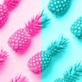 Fresh pineapples on trendy neon pink and blue color background. Top View. Pop art design, creative concept. Copy Space. Bright Royalty Free Stock Photo