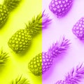 Fresh pineapples on trendy neon yellow and violet color background. Top View. Pop art design, creative concept. Copy Space. Bright Royalty Free Stock Photo