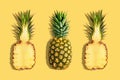 Fresh pineapples on yellow background. Creative suumer concept