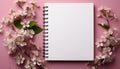 A fresh pink blossom on a wooden table, nature diary generated by AI Royalty Free Stock Photo