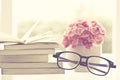 Fresh pink carnation flower with books background Royalty Free Stock Photo