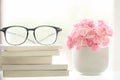 Fresh pink carnation flower with books background Royalty Free Stock Photo