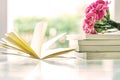 Fresh pink carnation flower with books background Royalty Free Stock Photo