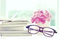 Fresh pink carnation flower with books background Royalty Free Stock Photo