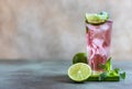 A fresh pink cocktail or mocktail drink with lime, pink grapefruit juice and mint, green background. Paloma. Copy space Royalty Free Stock Photo