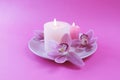 Fresh pink orchid flowers, burning candles