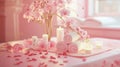 Fresh pink orchid flowers, burning candles, sea salt, on a bright pink background, spa concept