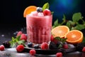 Fresh pink smoothie from orange, lemon and berries in the glass on black background. Healthy fruits food concept. Royalty Free Stock Photo