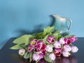 Fresh pink tulip flowers bouquet on a old brown table in front of a green wall. View with copy space and shadow Royalty Free Stock Photo