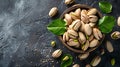 Fresh pistachios in a bowl on dark textured background. vibrant green leaves add a natural touch. healthy snack option